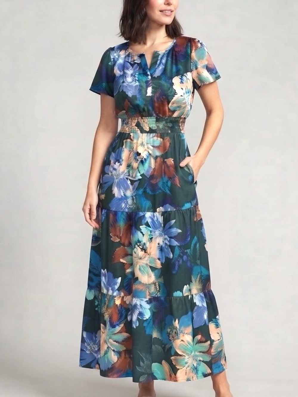 Dark Floral Tiered Maxi Dress Fall Autumn Wedding Guest Short Sleeve Pockets NWT